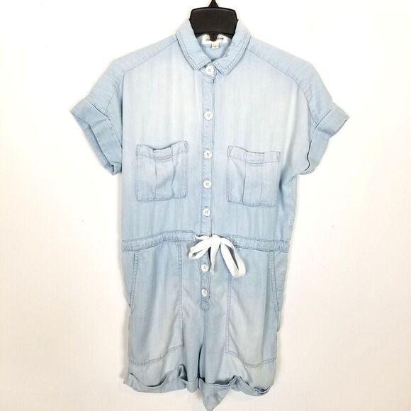 Cloth & Stone Women Chambray Tie Waist Utility Romper Sz S Blue Short Sleeve - Picture 1 of 8
